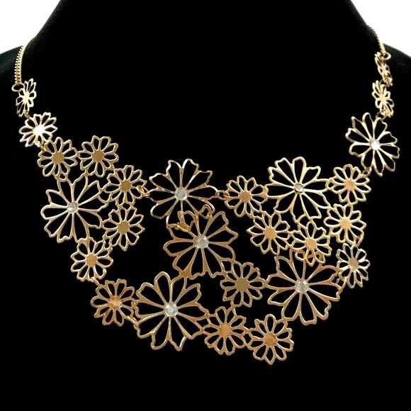 Gold Floral Statement Necklace with Dainty Rhinestones​ - Picture 1 of 6